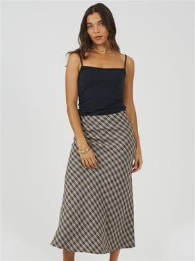 Brave Soul Pattern Midi Skirt - Brown Check - XS