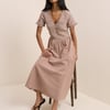 Brown Gingham Shirred Eliza Midi Dress