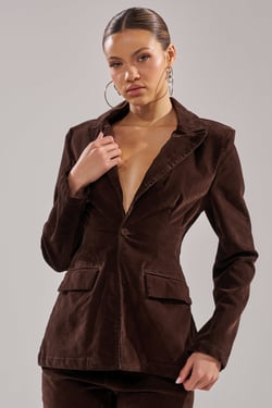 AKIRA Rae Velvet Denim Blazer | Brown | Size Large