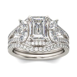 Jeulia Flower Design Emerald Cut Sterling Silver Ring Set