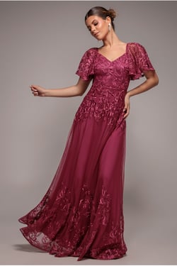 Goddiva Lace Flutter Sleeve Embroidered Mesh A Line Maxi Dress - Burgundy