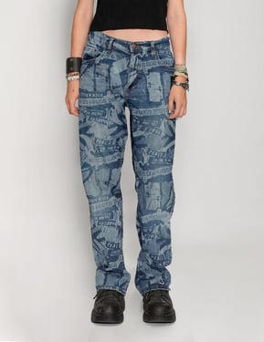 Peace' Laser Print Jeans in Blue