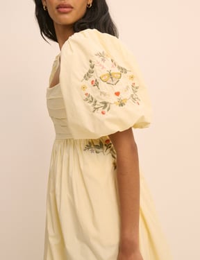 Butter Yellow Embroidered Pleated Nova Midi Dress