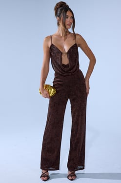 AKIRA Melany Cowl Neck Jumpsuit | Brown | Size XL