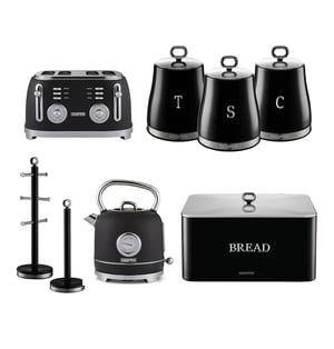 Black Kettle, Toaster, Storage Canister, Bread Bins Kitchen Set