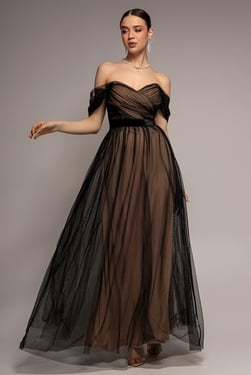 Goddiva Dobby Mesh Off The Shoulder Princess Maxi Dress - Black