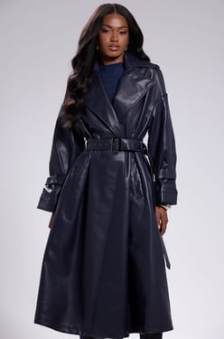 AKIRA Alinna Faux Leather Trench In Navy | Size 1X