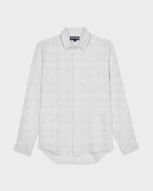 Vilebrequin - Men Linen And Cotton Shirt Jacquard Turtle Monogram - Shirt - Caroubis - White - Size XXXL