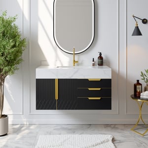 35.4" Bathroom Vanity Wall Mounted Cultured Marble Top with Single Sink & Drawers Black