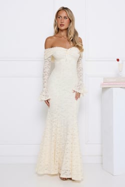 Laced Up Luxe Off Shoulder Maxi Dress Cream