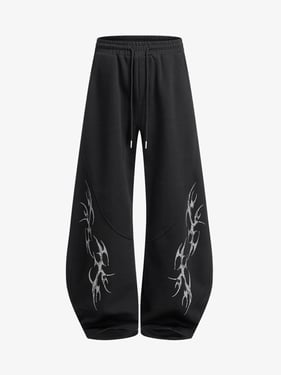 Retro Tribal Print Wide Leg Barrel Pants - Black / XL