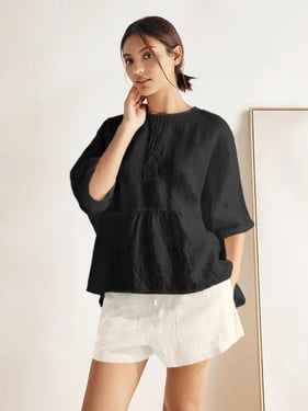 100% Linen Round Neck Mid-Sleeve Top ROBYN - Charcoal Black / XXL
