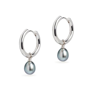 Midi Hoop and Tahitian Pearl Charm Silver Earring Set