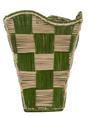 Checkered Handwoven Iraca Vase - Dark Green
