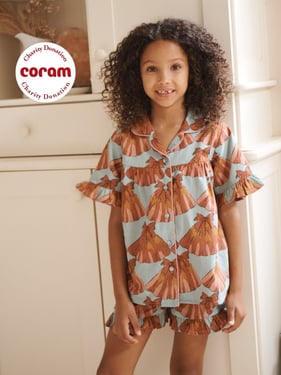 Girls Aqua Blue & Pink Turning Tides Cotton Frill Shorts Pyjamas Set - 7-8Y / Aqua