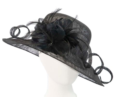 Large black racing hat with bow by Cupids Millinery