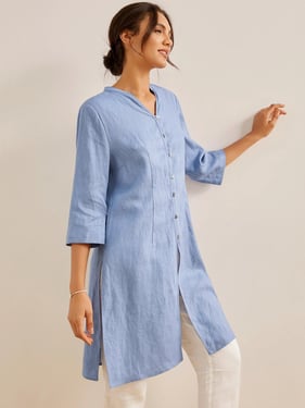 100% Linen Hand Button Long Top DILLON - Powder Blue / XXL