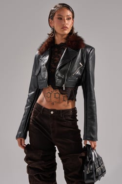 AKIRA Victoria Fur Trim Moto Jacket | Black | Size 1X