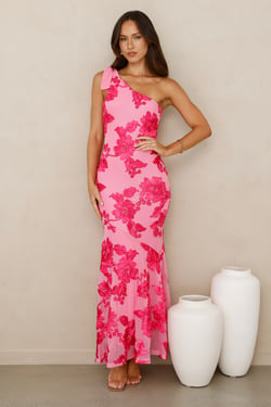 Glossy Girl One Shoulder Mesh Maxi Dress Pink