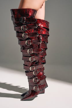 AKIRA Azalea Wang Cinzia Wedge Boot With Buckle Detail | Red | Size 11