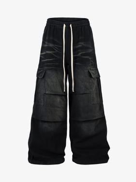 Washed Multi Pocket Drawstring Cargo Jeans - Black / XL