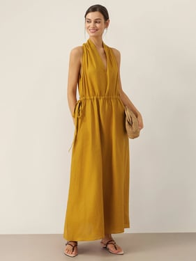 100% Linen V-Neck Halter Maxi Dress BETH - Honey Yellow / XXL