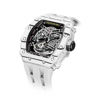 TSAR BOMBA Men's Automatic Watch | Carbon Fiber Luxury Skeleton Wristwatch | Elite White | Elemental TB8208CF | Tonneau Mechanical Watch | Sapphire Glass | 50M Waterproof Sport Watch | Gift for Men
