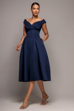 Goddiva Corset Fit & Flare Midi Dress - Navy