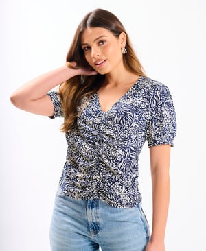 Navy Animal Printed Ruched Top - 18
