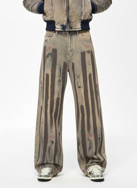 Retro Washed Brushstroke Baggy Jeans - Gray Blue / 3XL