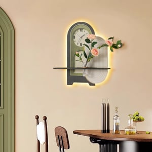 23.6'' Decorative LED Wall Clock in Deep Green and White with Glass Vase and Artificial Flowers – Modern Art-Inspired Wall Decor