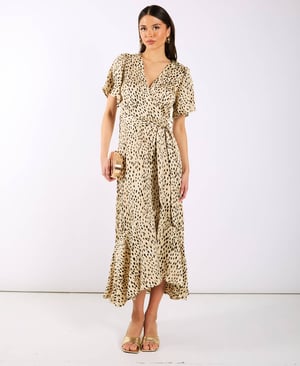 Cream Animal Printed Satin Wrap Midi Dress - 18