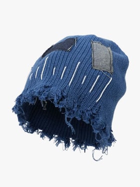 Distressed Denim Patchwork Beanie - Blue / ONE SIZE