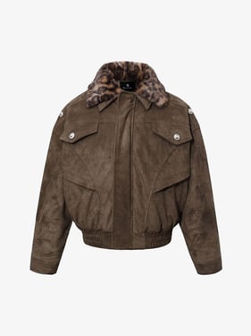 Retro Leopard Fur Collar Padded Bomber Jacket - Dark Brown / XL