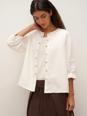 100% Linen Button-Front Drop Shoulder Shirt EASTER - Optic White / XXL