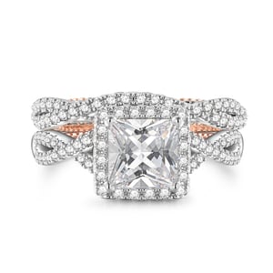 Jeulia Two Tone Twist Halo Engagement Ring Set Sterling Silver