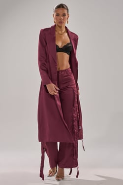 AKIRA Take Me Everywhere Satin Trench Coat | Burgundy | Size 1X