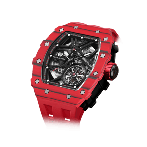 TSAR BOMBA Men's Luxury Tonneau Mechanical Sport Watch | Carbon Fiber Watch | Bull Red | Elemental TB8209CF | Japanese Automatic Skeleton Movement | 10ATM Waterproof