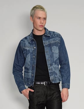 Peace' Laser Print Denim Jacket in Blue