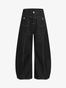 Contrast Stitch High-Waist Wide-Leg Barrel Jeans - Black / 2XL