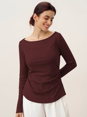 Wool Side Ruched Boat Neck Stretch Top VIVIEN - Ruby / XXL