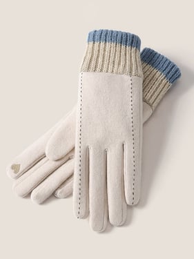 Wool Blend Color-Block Touchscreen Gloves - Ivory / One Size