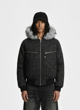 Retro Faux Fur Trimmed Hood Leopard Print Bomber Jacket - Black / XL