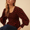 Red Floral Shirred Balloon Sleeve Top