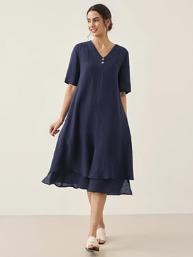 100% Linen V-Neck Double-Layer Midi Dress JAYDA - Navy Blue / XL