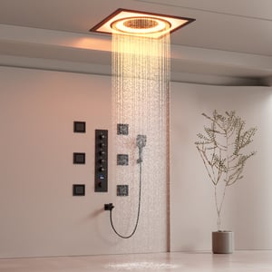 25.6" Thermostatic LED Rainfall Bluetooth Shower System with 6 Body Jets & Handheld