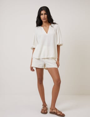 Cream Linen-Blend Blouse