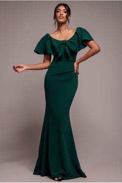 Goddiva Cape Sleeve Detail Front Tie Maxi Dress - Emerald Green