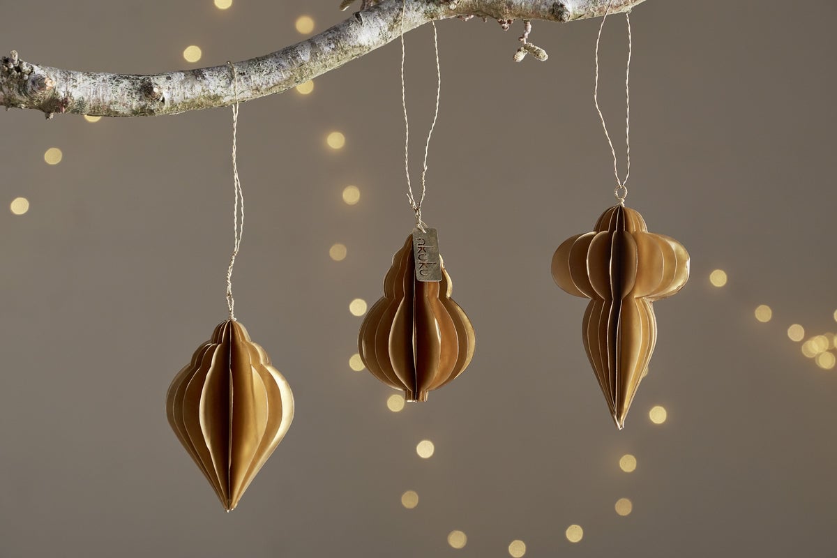 nkuku Amata Baubles Set Of 3 | Christmas Decorations | Antique Brass
