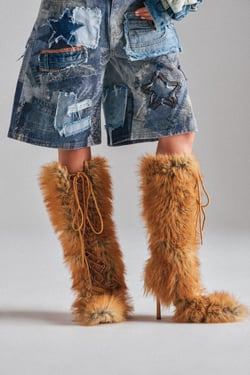 AKIRA Azalea Wang Lourdanne Tan Fur Lace Up Stiletto Boot | Size 11